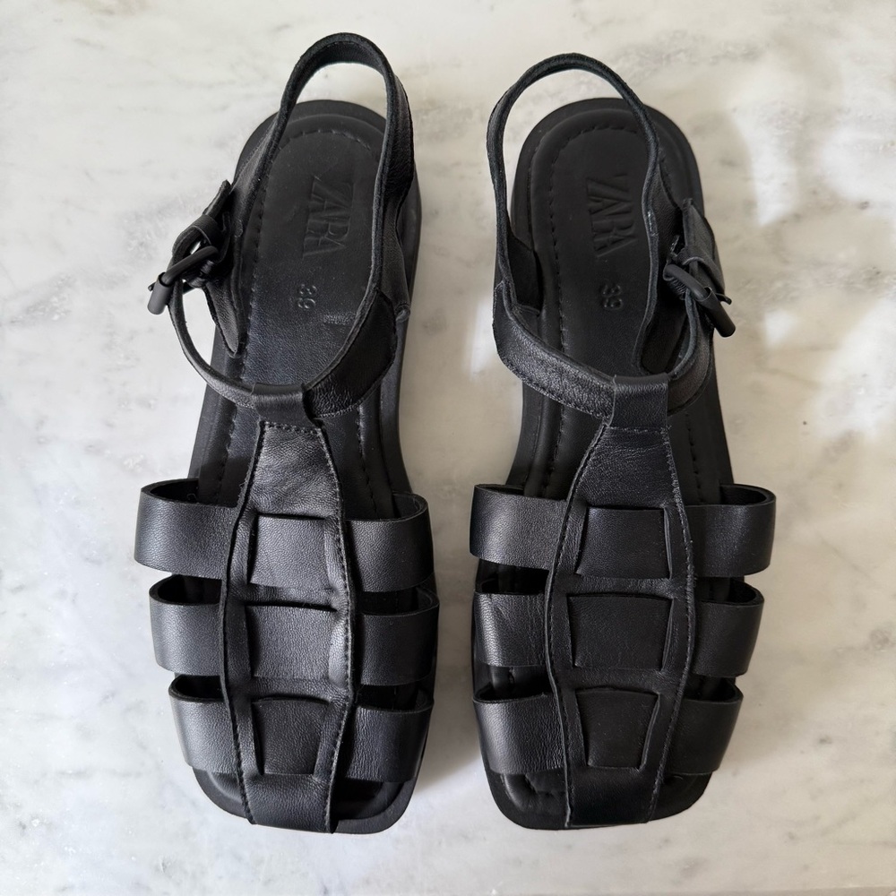 New Zara Black Flat Cage Fisherman Sandal Strap Size 39